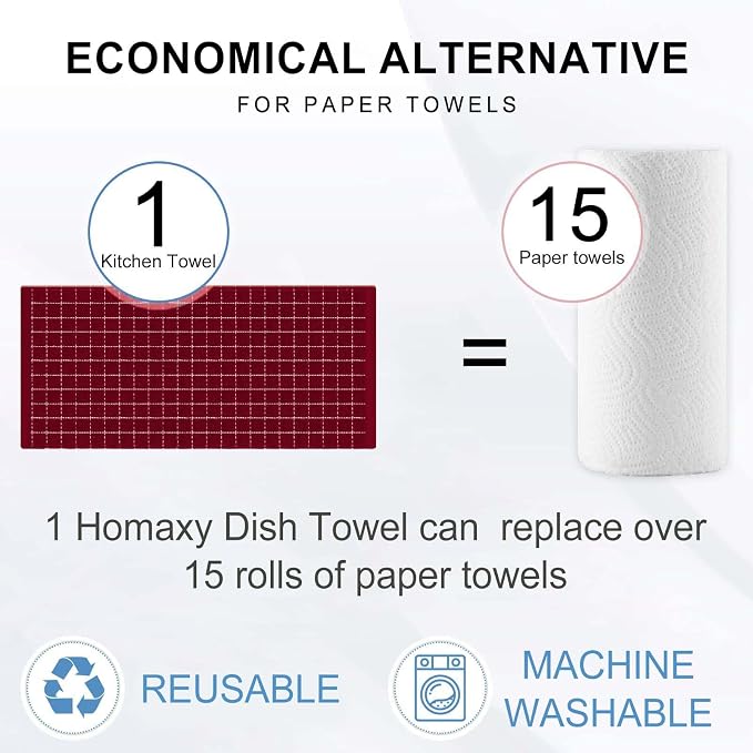 Homaxy Kitchen Towels and Dishcloths Set, 12 x 12 and 13 x 28 Inches, Set of 16 Bulk Cotton Terry Kitchen Towels Set, Checkered Designed, Soft and Super Absorbent Dish Towels, Brick Red