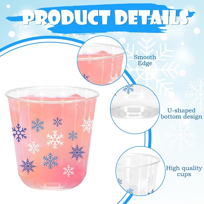 Whaline 50Pcs Christmas Plastic Cups 12 Oz Winter Snowflake Disposable Clear Stemless Wine Cocktail Glasses PET Drinkware Cups Set for Holiday Party Supplies