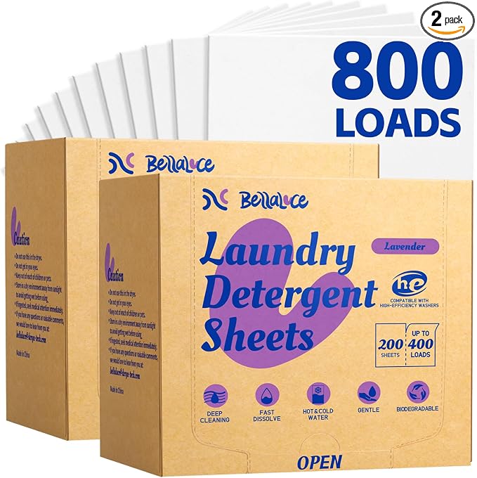 BellaLuce 2 Pack Laundry Detergent Sheets - Laundry Sheets, 800 Loads, Eco-Friendly, Plastic-Free, Lavender Scent, Space Saving, Fast Dissolve & Hypoallergenic