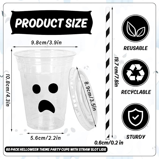 Whaline 60 Pcs 12 Oz Halloween Disposable Plastic Cups with Lids and Straws Black Spooky Ghost Cold Beverage Drinking Cups for Trick or Treat Birthday Party Supplies