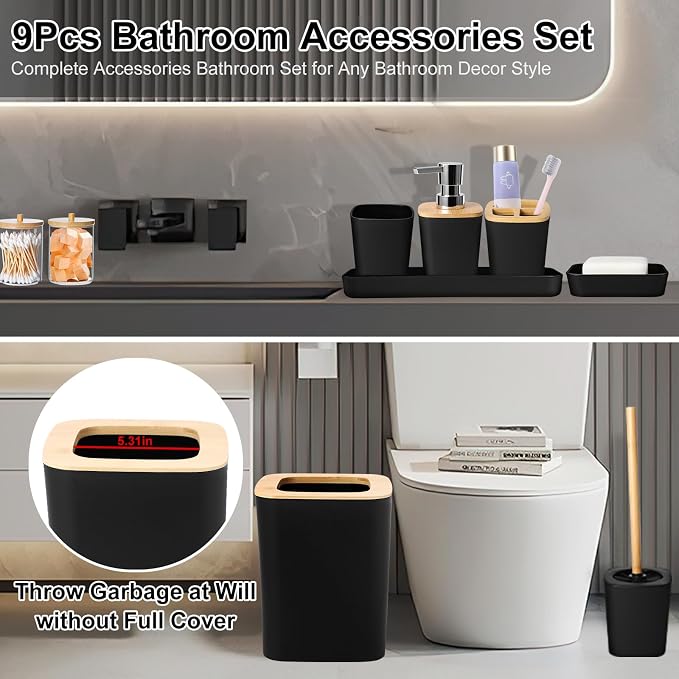 Black Bathroom Accessories Set, 9 Piece Bathroom Set with Trash Can Black Bath Set