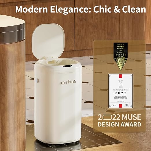 MRBIN Metal Automatic Tall Kitchen Trash Can with Lid, 18L / 4.8gal Slim Motion Sensor Waste Basket, Touchless Electric Garbage Bin for Office and Bathroom, Cream White