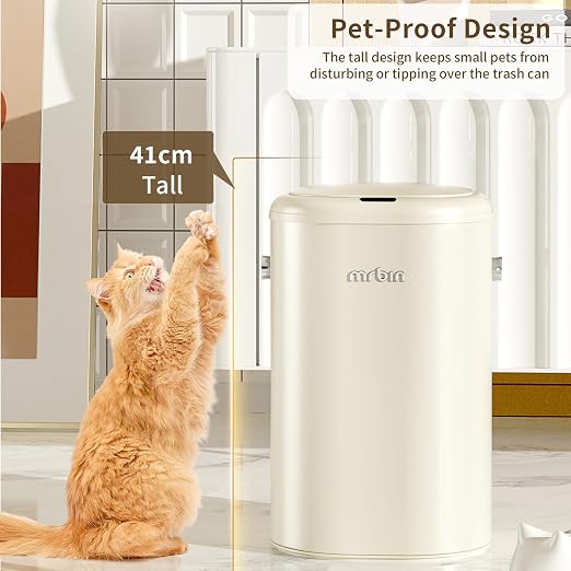 MRBIN Metal Automatic Tall Kitchen Trash Can with Lid, 18L / 4.8gal Slim Motion Sensor Waste Basket, Touchless Electric Garbage Bin for Office and Bathroom, Cream White