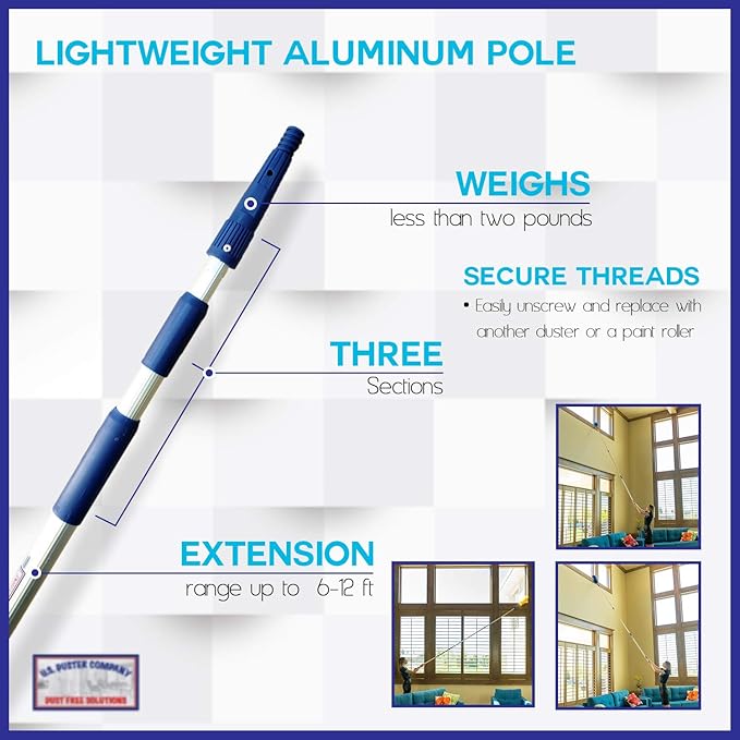 High Ceiling Cobweb Duster and Pole | Ceiling Fan Cleaner Extendable Duster | Nylon Telescoping Long Handle Extension Duster For Cleaning Spider Webs | Lightweight, 3-Stage Aluminum Pole
