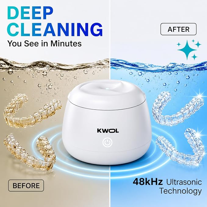 Ultrasonic Retainer Cleaner Machine - 48kHz Aligner and Denture Cleaner for Mouth Guard, Night Guard, Dental Trays, Braces, Toothbrush and Jewelry with 200ml Capacity