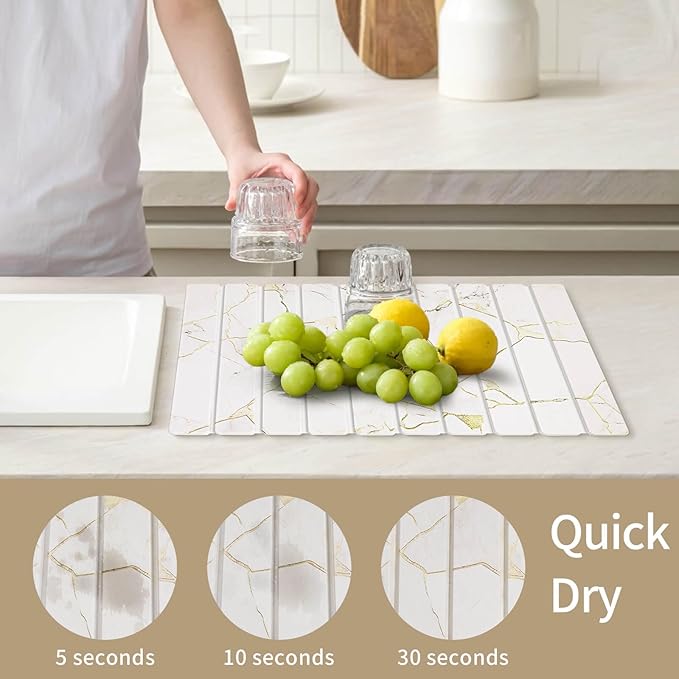 Stone Dish Drying Mat - Large Foldable Marbled Quick Drying Dish Mats With Stone Coasters Set of 4 Collapsible Ultra Absorbent Diatomaceous Earth Mats for Kitchen Counter Bathroom (White)
