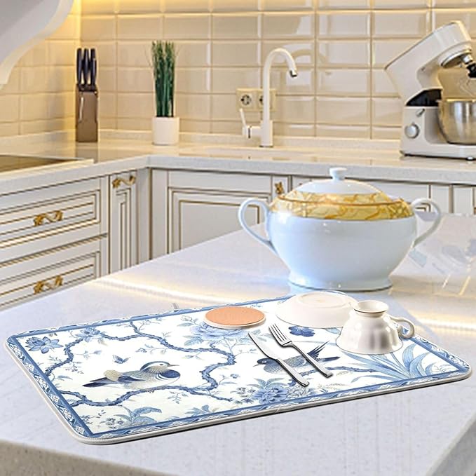 Microfiber Dish Drying Mat Cute Birds Absorbent Baby Bottle Dry Pad 18 x 24, Grey, Coffee Maker Mats Heat Resistant Mats Dishes Drainer Cushion Spring Kitchen Counter Decor