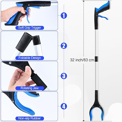 12 Pack 32 Inch Commercial Trash Grabber for Elderly Assist, Heavy Duty Lightweight Reacher with Ergonomic Handle & Non-Slip Grip, Multi-Use Outdoor Home Garden Cleanup Mobility Aid Tool (12, Blue)