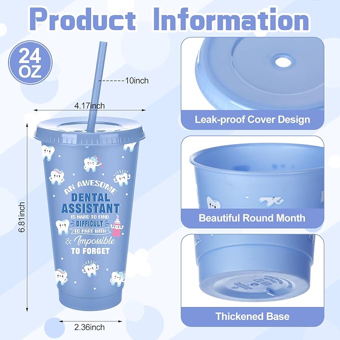 Meanplan 24 Pcs Dental Assistant Week Gifts Bulk 24 oz Plastic Teeth Tumbler with Lids and Straws Thank You Cups Travel Mugs Inspirational Dental Assistant Appreciation Gifts for Dentist Party Favors
