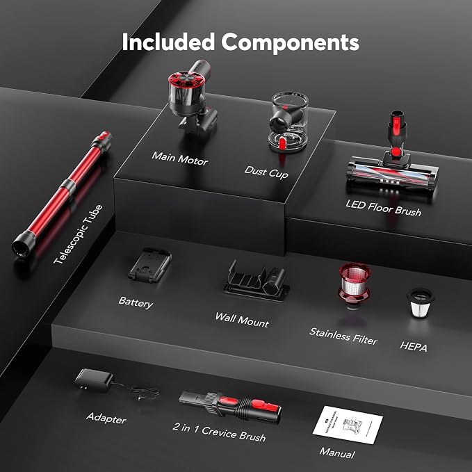 Comvtu Cordless Vacuum Cleaner for Home, 80,000PRM Powerful 4 in 1 Lightweight Stick Vacuum with 2 Adjustable Suctions, Max 40 Mins Runtime, 2600mAh Rechargeable Vacuum Cleaners (Hibiscus Red)