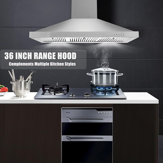 36 inch Range Hood, Wall Mounted Vent Hood in Stainless Steel, Ducted/Ductless Kitchen Hood w/Push Button Control, 3 Speed Exhaust Fan, 3 Pcs Baffle Filters, Energy Saving LED Light