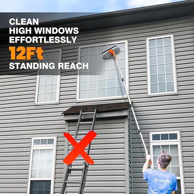 ARTIPOLY Professional Window Squeegee Cleaner, 2 in 1 Shower Squeegee with Extension Pole, 65”Telescopic Window Washing Equipment with 180°Adjustable Head, Glass Cleaning Tools for Outdoor High Window