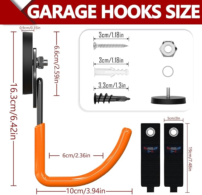 3-H Extra Strong Magnetic Hooks,Heavy Duty Large Anti-Slip Magnet Hooks J Shape,No-Drill Tool Holder for Garage,Power Drill,Garden Tools,Hose Storage,4 Pack Orange