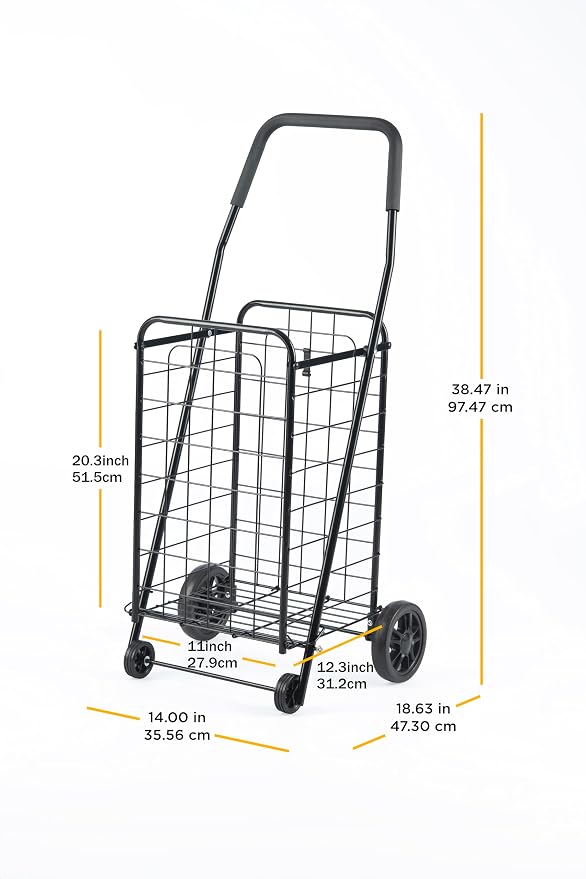 Whitmor Foldable Utility Shopping Cart with Wheels, Heavy Duty Metal Grocery Cart, Portable Foam Handle, Rolling Collapsible Trolley for Groceries, Laundry, Storage, Black