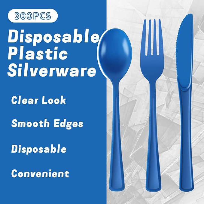 Plastic Silverware 300 PCS Disposable Silverware Heavy Duty Utensil Sets 100 Of Each Forks Knives & Spoons Disposable Cutlery Set For Easter,Birthday,Baby Shower,Garden Party,Wedding(300,Blue)