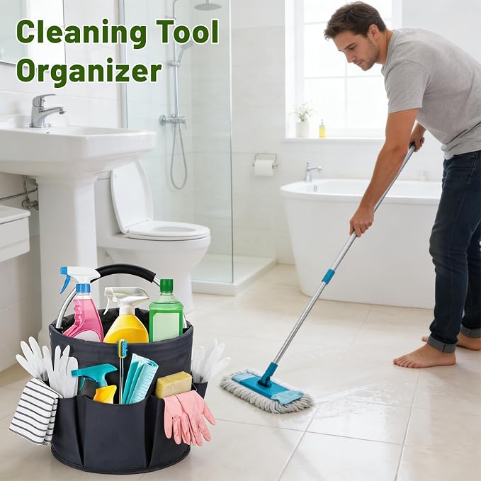17L Foldable Cleaning Caddy with Handle - Portable Oxford Fabric Storage Bucket, Organiser for Cleaning Supplies, Toiletries, Home, Garden, Picnic & Beach (Dark Gray)