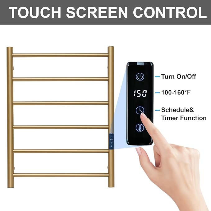 Electric Towel Rack with Voice Control for Alexa & Google Home,TUYA-Wall-Mounted Bathroom Heating Towel Warmer,Plug-in,26.77x20.47x4.39in,Stainless Steel Material,Gold，6 Bars