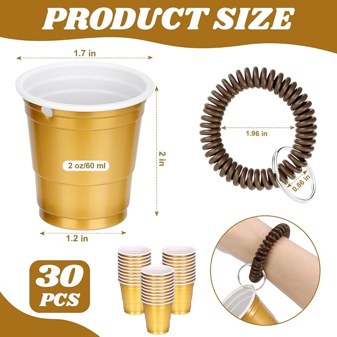 30 Pcs Gold Shot Cups with Wristband for Party 2oz Plastic Shot Glasses Disposable Mini Shot Glasses Bulk with Wrist Coil 2oz Solo Cups for Festival Birthday Favor Wedding Halloween Party Supplies