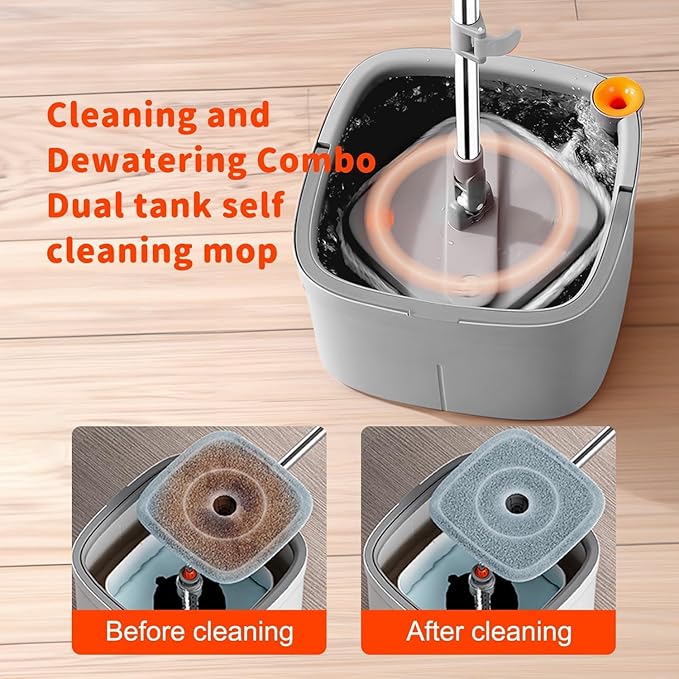 Spin Mop and Bucket with M16 Self Separation Dirty and Clean Water System with 2Pads, Self Wringing 360° Rotating Clean Mop-Head and Bucket Set for Hardwood Tile Marble Floors Mop-Grey