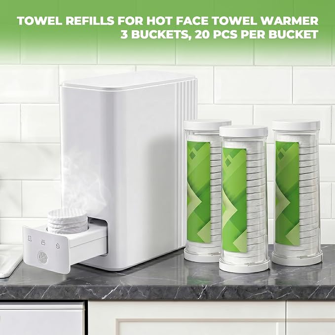 60 Pcs Compressed Face Towel Refills (3 Tubes) - 100% Viscose Fiber, Disposable Plant-Based Pucks for Hot Towel Dispenser and Smart Face Heater Machine, Daily Skincare Bathroom Spa