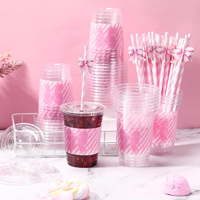 Maxdot 50 Pcs 16 oz Coquette Pink Bow Plastic Cups with Lids and Straws Pink Bowknot Disposable Drinkware for Party Supplies Baby Shower Birthday Bachelorette Wedding Bridal Party Supplies