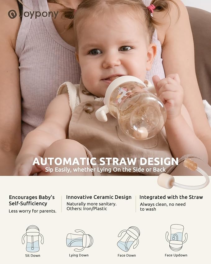 Joypony Baby Sippy Cups 6-12 Months, Spill Proof Weighted Straw Cup with Handle for Toddlers 1-3, 2 Silicone Straws, PPSU, BPA Free, 6 oz (Pink)