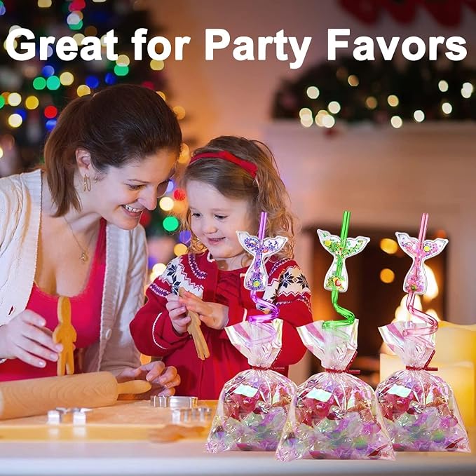 24 Glitter Mermaid Party Favors Drinking Straws for Mermaid Under the Sea Birthday Party Decorations Supplies with 2 PCS Straws Cleaning Brush