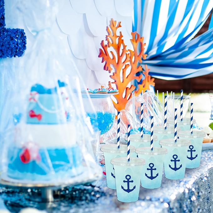 Whaline 50Pcs Nautical Disposable Plastic Cups with Lids and Straws 12 Oz Blue Anchor Cold Beverage Drinking Cups for Ocean Theme Birthday Party Supplies