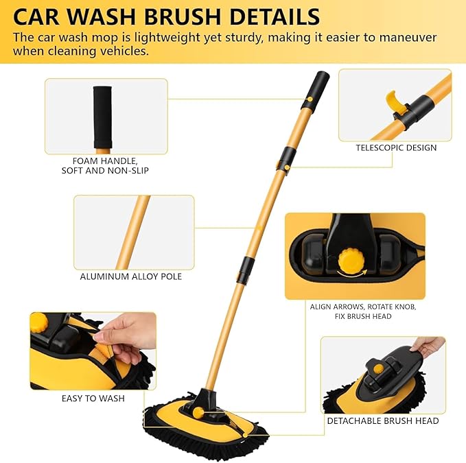 43'' Car Wash Brush with Long Handle Chenille Microfiber Car Wash Kit Mitt Retractable Bent Pole Car Wash Mop for Cars RV Truck Boat (yellow-01)