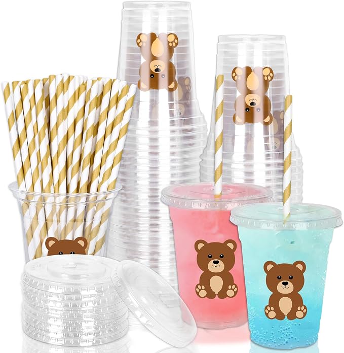 Whaline 50 Pcs Bear Disposable Plastic Cups with Lids and Straws 12 Oz Cute Brown Bear Cold Beverage Drinking Cups for Baby Shower Birthday Party Supplies