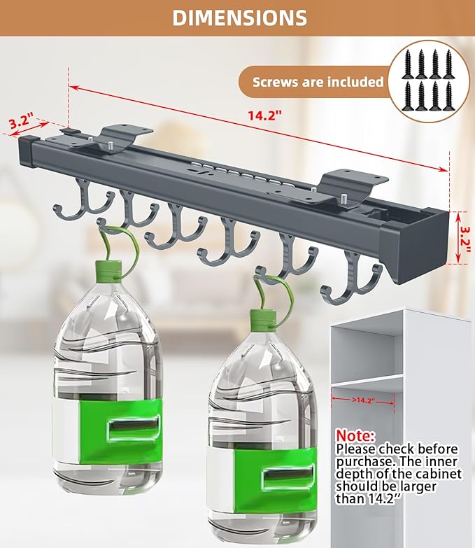 Pull Out Broom Holder, Multifunctional Slide Broom And Mop Storage/Organizer With Adjustable Double Row Sliding Hook, Garage Organization Hooks, for Closet Laundry Garage - Dark grey - 36cm