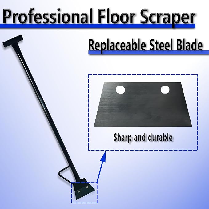 Black Color Heavy Duty Spring Steel Concrete Floor Scraper with 50" Long Length T-handle and Foot kick-Replaceable Steel Blade. (blade)