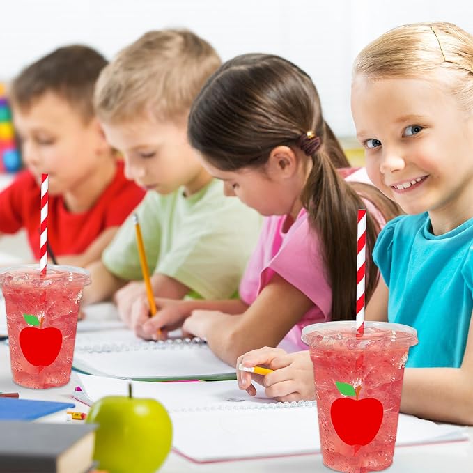 Whaline 50 Pcs Back to School Apples Disposable Plastic Cups with Lids and Straws 12 Oz Red Apples Cold Beverage Drinking Cups for First Day of School Teacher Party Supplies