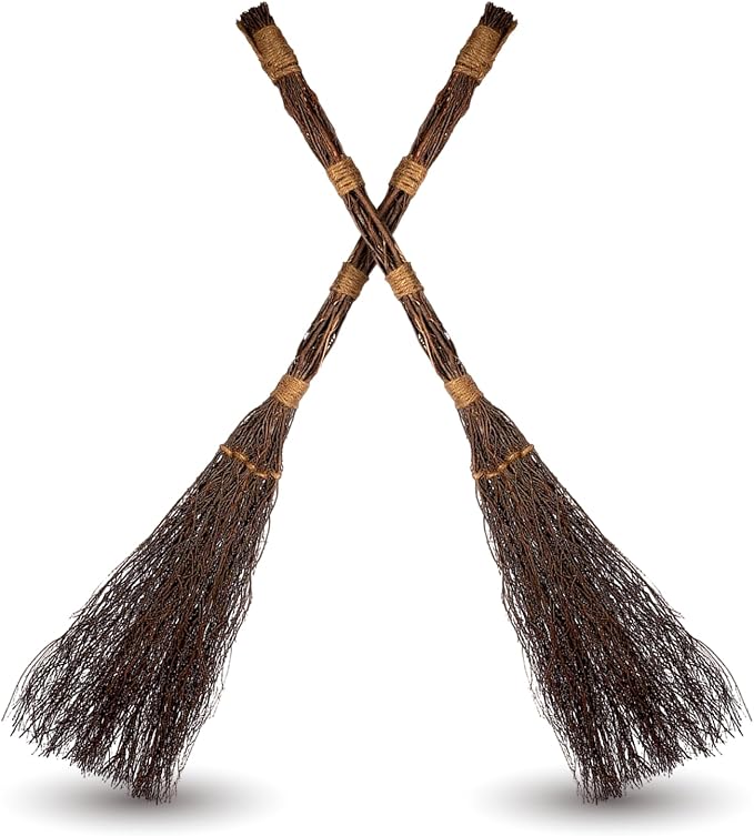 Cinnamon Twig Brooms 36in (2 Pack) - Rustic Fall Broom Decor – for Halloween Porch or Entryway - Real Stick Witch Broom Decorations Wrapped in Jute Rope - Autumn Thanksgiving Display