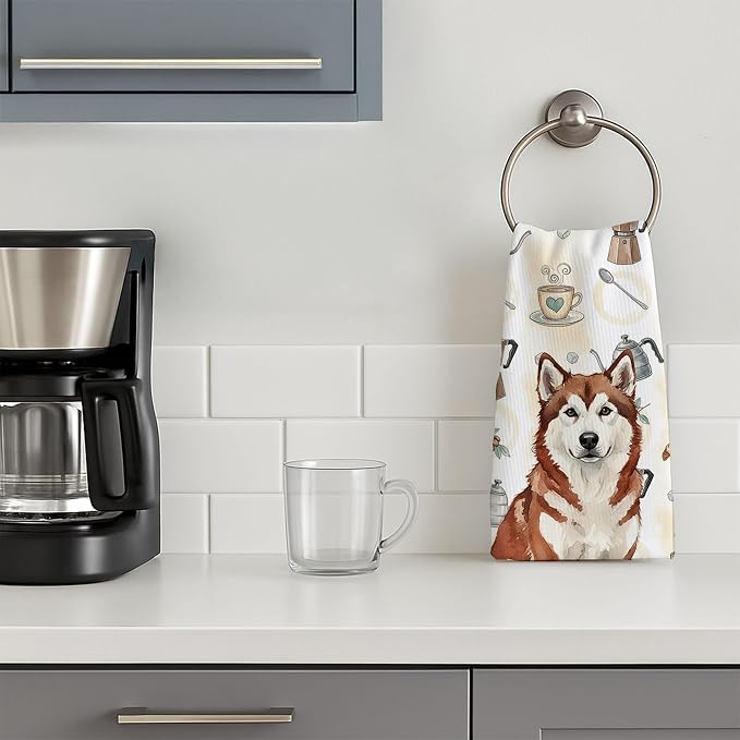 Caroline's Treasures Red and White Alaskan Malamute Coffee Bar Kitchen Towel Velour Plush Front and Cotton Loop Back Machine Washable
