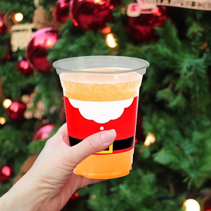 JarThenaAMCS 100Pcs Christmas Disposable Plastic Cups Santa Elf Snowman Gingerbread Man Cold Beverage Drinking Cups for Xmas Holiday Party Supplies, 12 oz