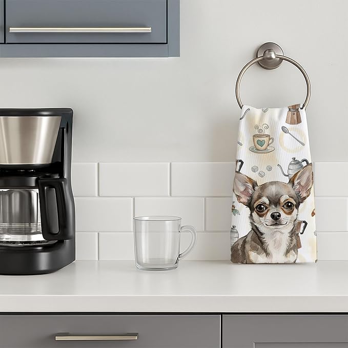 Caroline's Treasures Chihuahua Coffee Bar Kitchen Towel Velour Plush Front and Cotton Loop Back Machine Washable