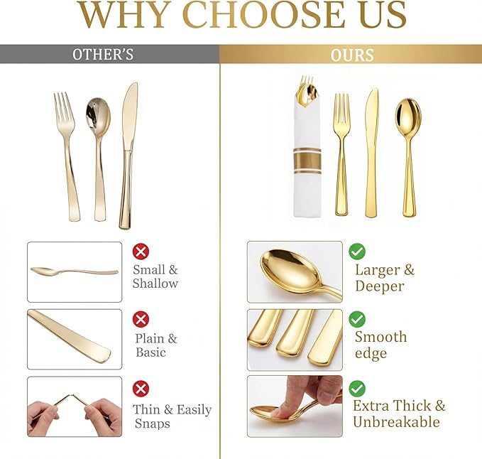 Liacere 100Pack Pre Rolled Gold Silverware and Napkin-Disposable Gold Plastic Utensils-Wrapped Plastic Cutlery Set with Napkin:100 Forks,100 Knives,100 Spoons,100 Napkins for Wedding & Party