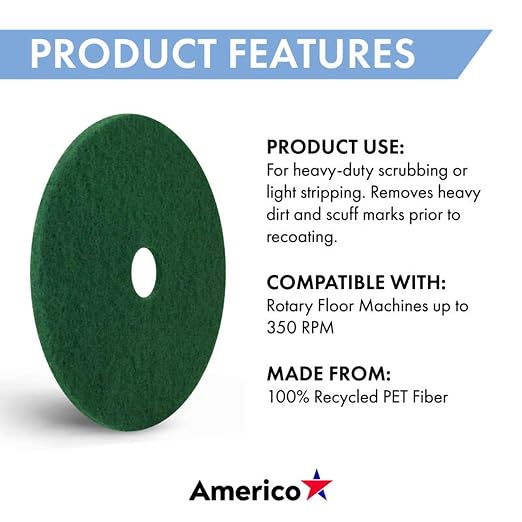 Americo Green Scrub Floor Pad, 19" Diameter, 3.25" Center Hole, 5 Pads/Case, Cleaning Pad for Hard Surfaces, Made of 100% Recycled Content, USA Made