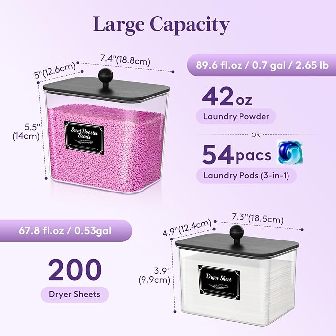 Lifewit Laundry Pods Container with Lid, Dryer Sheet Holder, Room Organization Storage for Coffee Pods Kcup Washing Powder, Scent Booster Beads, 2600 +2000ml/0.53+0.7gal，Black,2 Pcs