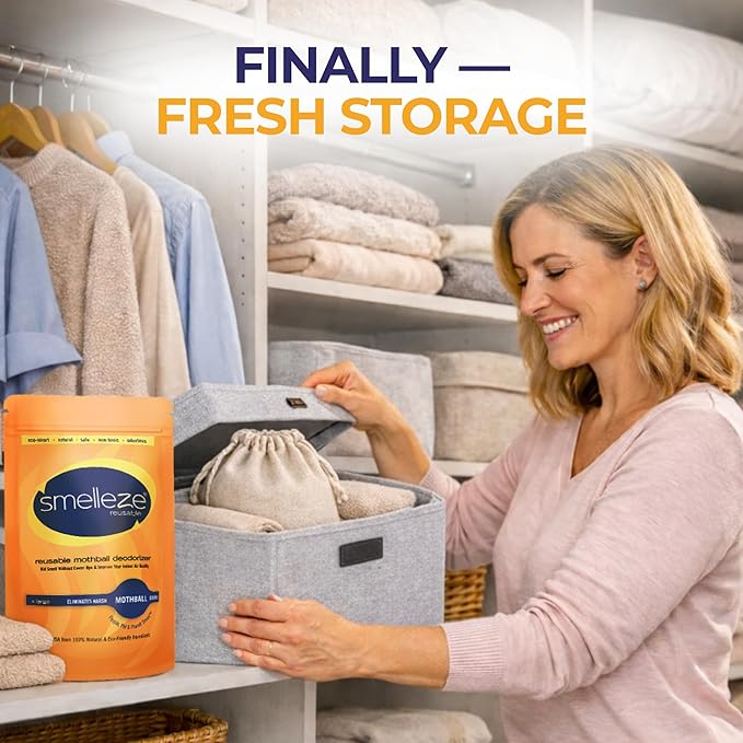 SMELLEZE Natural Mothball Smell Remover Pouch - Reusable Odor Eliminator for Closets, Basements, Furniture & Drawers - Eco-Friendly Formula - Unscented & Safe - Covers 375 sq. ft.