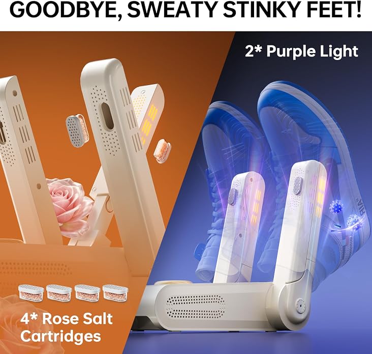 Boot Dryer, Shoe Dryer for Work Boots and Gloves, 4 Tubes with Timer, Rose Salt Remove Odor, Quiet Portable Shoe Dehumidifier, Suitable for Ski Boots, Shoes, Gloves, Socks & Hats, Ivory, SH01A