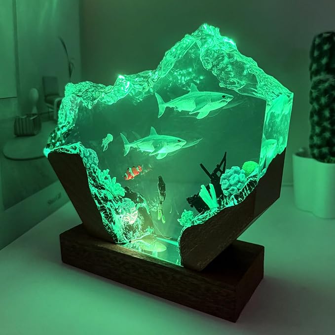 Shark Resin Lamp, Scuba Diving Resin Ocean Lamp,Handmade Shark Decor Bedside Nightlight with Wooden Base, RGB Mode,Unique Gifts for Valentine's Day, Mother's Day, Birhtday,Holiday(S 6"X4")