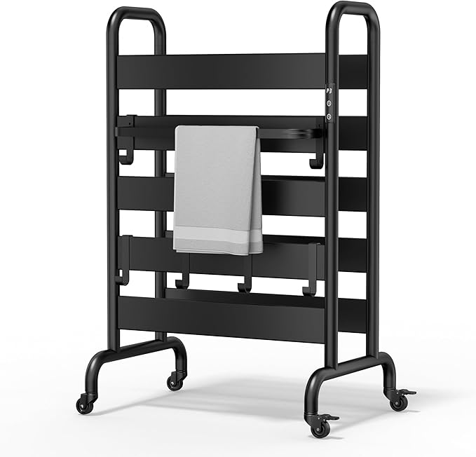 Freestanding Heated Towel Rack 10-Bar, Double Layer Electric Towel Warmer with Wheels, 400W Fast Heating, Adjustable Temperature 110–170°F, Timer & Auto Shut-Off, Space Aluminum, Black