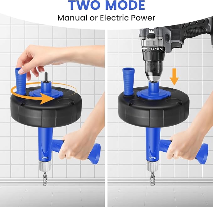 XJX Drain Auger, Plumbing Snake with Drill Adapter, 25FT Flexible Steel Drain Clog Remover, Manual or Powered for Kitchen, Bathroom & Shower Sink, with Gloves and Storage Bag