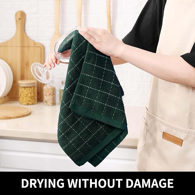 Homaxy Kitchen Towels and Dishcloths Set, 12 x 12 and 13 x 28 Inches, Set of 12 Bulk Cotton Terry Kitchen Towels Set, Checkered Designed, Soft and Super Absorbent Dish Towels, Blackish Green