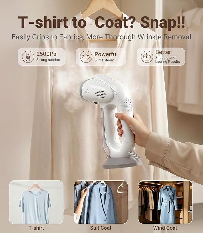 Steamer for Clothes, 110-240V Travel Steamer with 2500Pa Vacuum Suction, NTC Control, Burst Steam, 30% Quick Wrinkle Removal, Portable Handheld Steamer＆Iron 2 In 1 for Travel and Home Use (Grey)