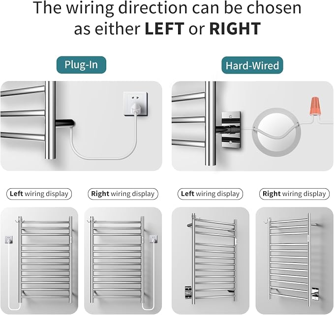 Wall Mounted Towel Warmer 12 Bars with Plug-in and Hardwired Options 3 Working Modes Mirror Polished Stainless Steel 21”W 34”H