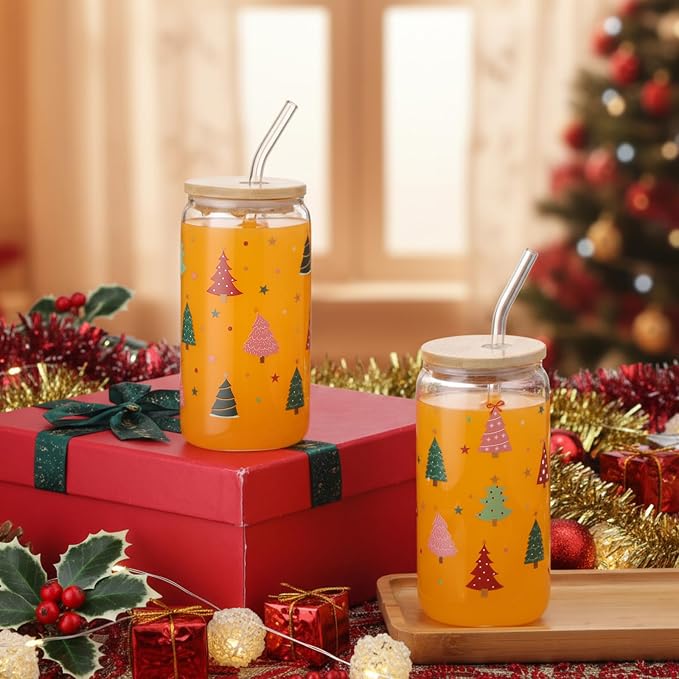 Sliner 2 Pcs Christmas Tree Glass Cups Summer Xmas Tumbler with Lid Straw Drinking Glasses 16 oz Iced Coffee Cup with Cleaning Brush Beer Can Tumbler Cute Holiday Gifts