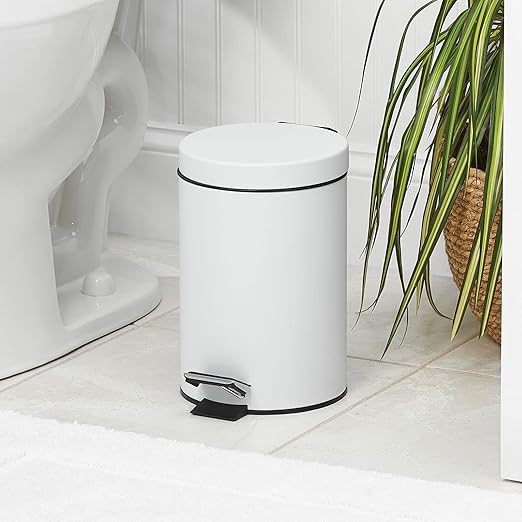 mDesign Pedal Bin — Metal Waste Bin with Pedal, Lid and Plastic Bucket Insert — for Bathroom, Kitchen, and Office — 3 Litre Household Rubbish Bin with Ergonomic Design — White